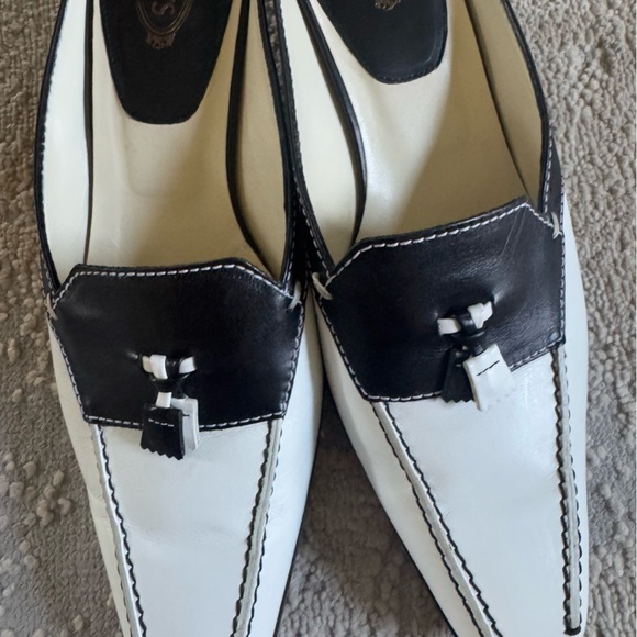 Tod’s kitten heal mules black white slide on leather slip on classic 9.5 - Picture 5 of 12